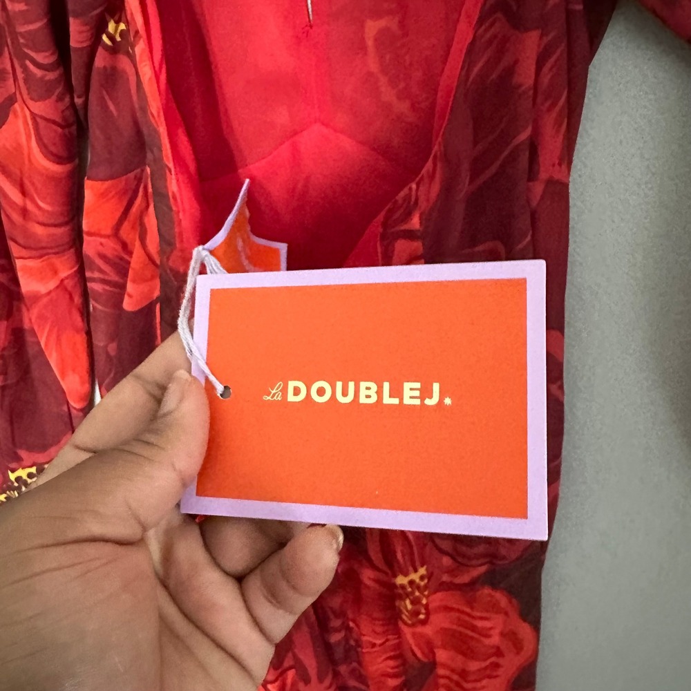 La DoubleJ Eve Open-Back Maxi Dress Red Floral Print Silk Chiffon Made in Italy - Picture 7 of 14